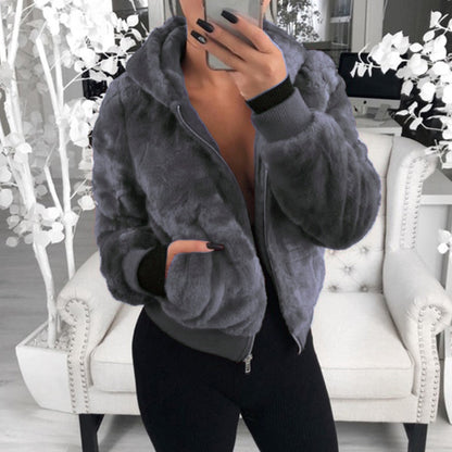 Damen graue Kunstpelzjacke mit Kapuze, modisch, warm, ideal für Winter, Freizeitkleidung.