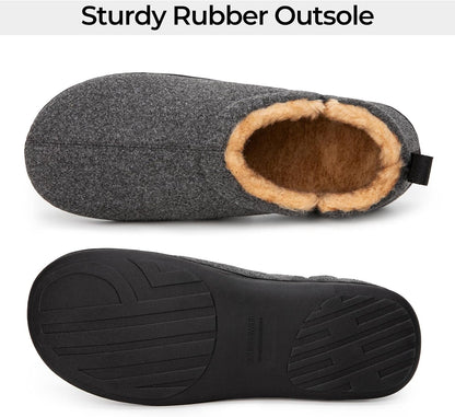 Graue Filzhausschuhe mit rutschfester Gummisohle und warmem Innenfutter, ideal für den Winter.