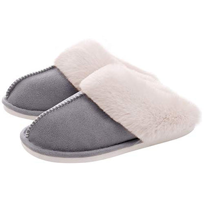 Graue Damenpantoffeln mit weißem Kunstfell, ultraweich, Memory Foam, bequem.