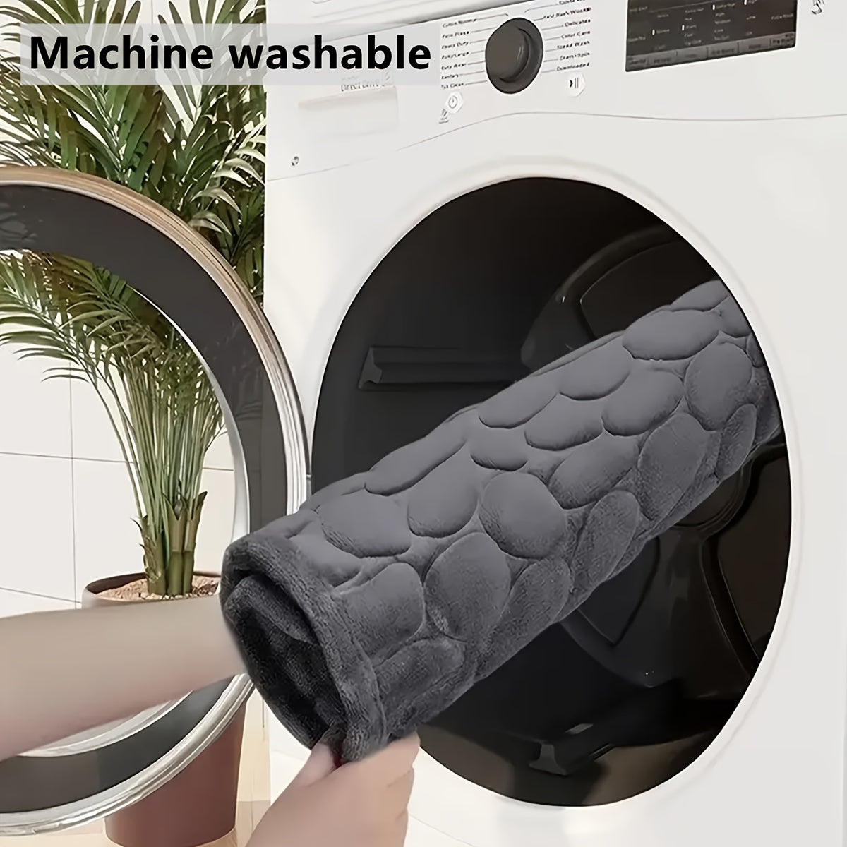 Grauer, maschinenwaschbarer Teppichläufer in Waschmaschine, rutschfest, pflegeleicht.