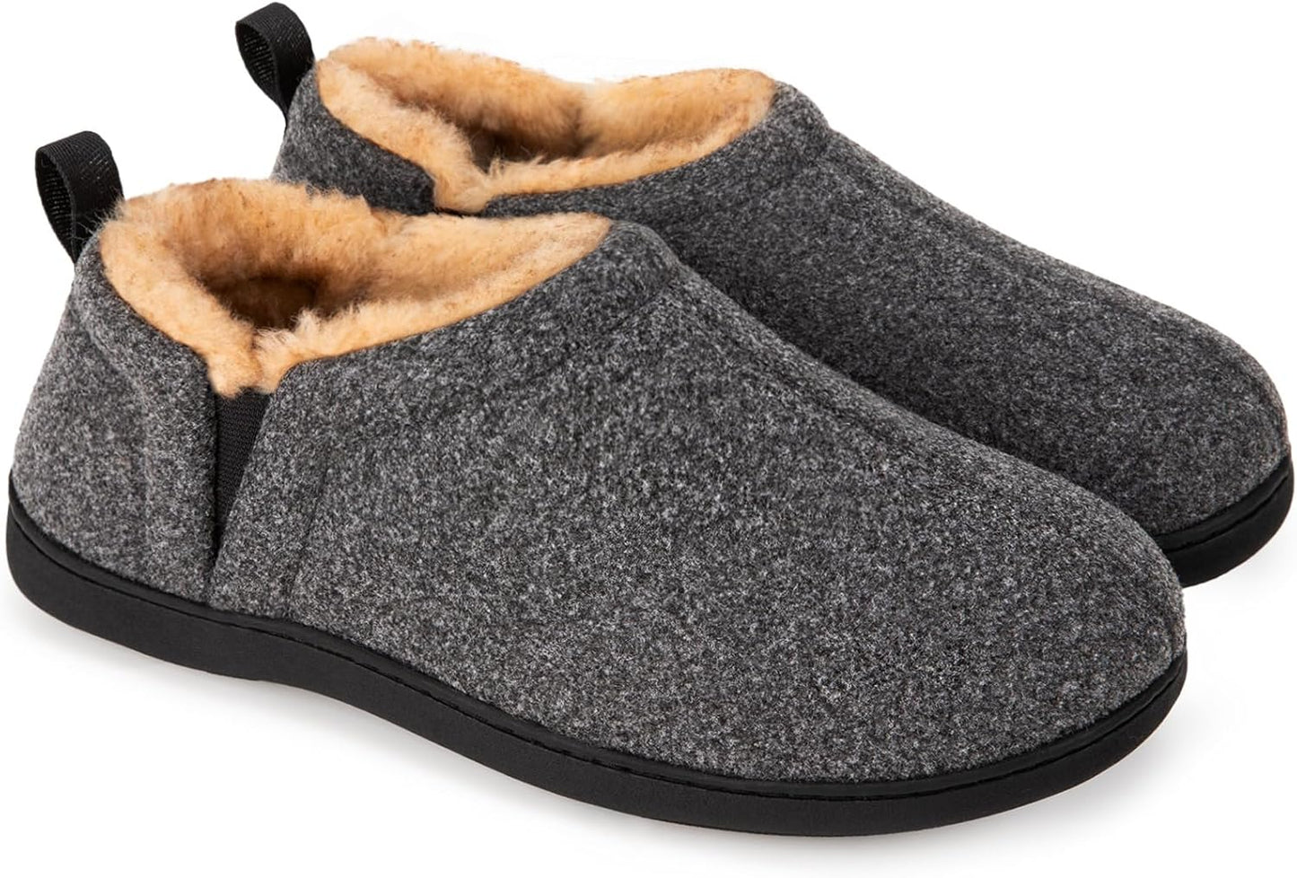 Graue Filzhausschuhe mit Fleecefutter, rutschfeste Sohle, warme Winterpantoffeln für Herren.