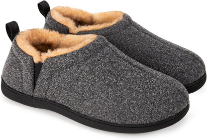 Graue Filzhausschuhe mit Fleecefutter, rutschfeste Sohle, warme Winterpantoffeln für Herren.