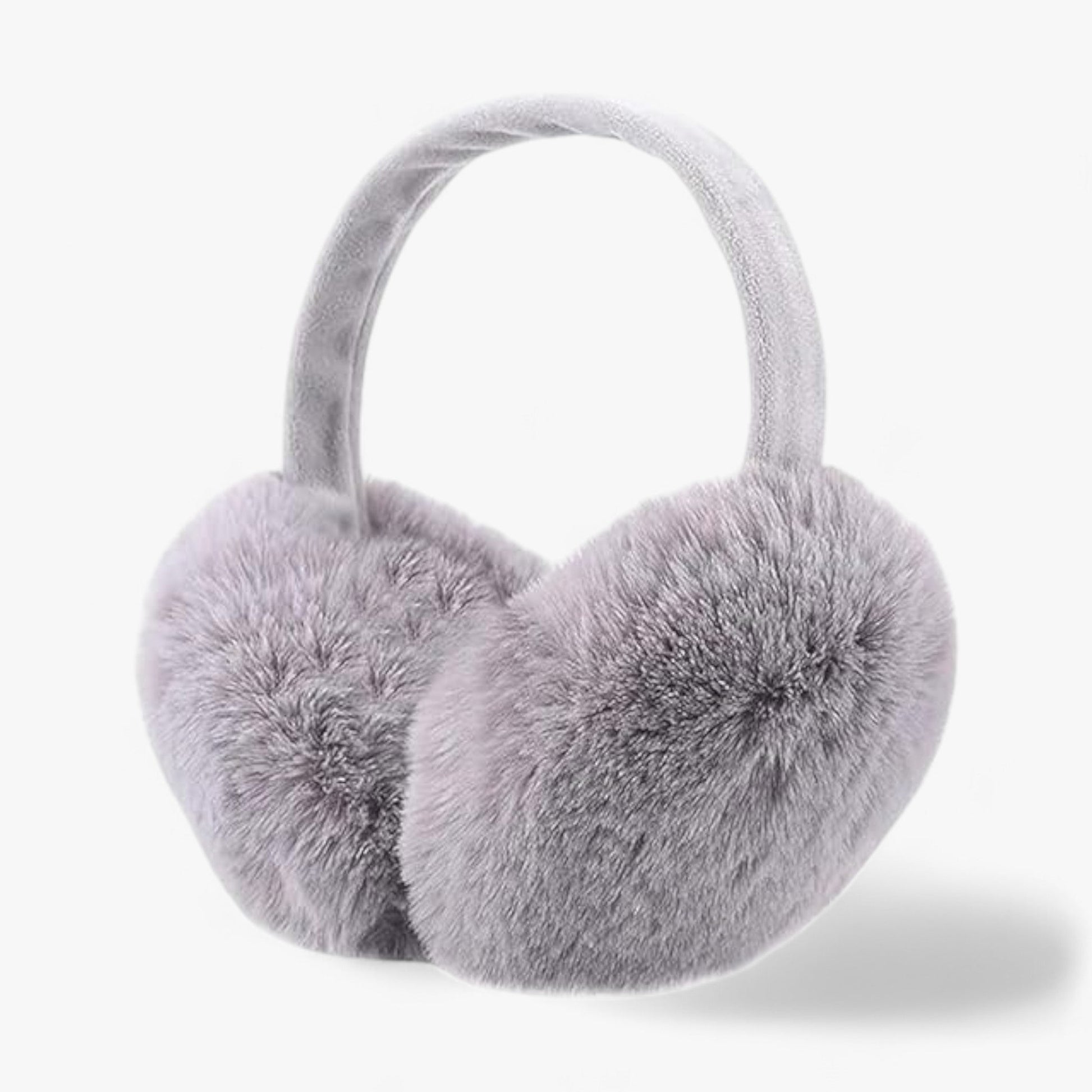 Graue flauschige Ohrenschützer, Winteraccessoire, warm, weich, modisch, Damenmode.
