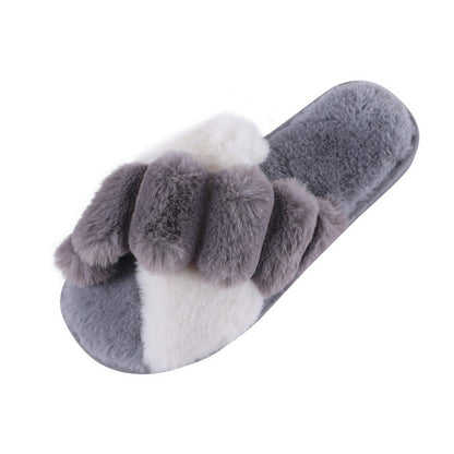 Graue und weiße Plüschhausschuhe, flauschig, rutschfest, Damenmode, bequem, warm.