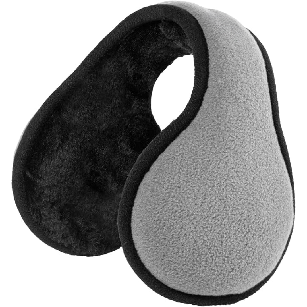 Graue Fleece-Ohrenschützer, warm, wintertauglich, schwarz gefüttert, Unisex-Design.
