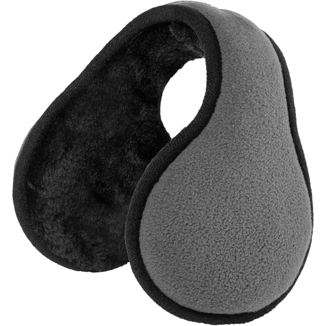 Graue Fleece-Ohrenschützer, warm, wintertauglich, schwarz gefüttert, Unisex-Design.
