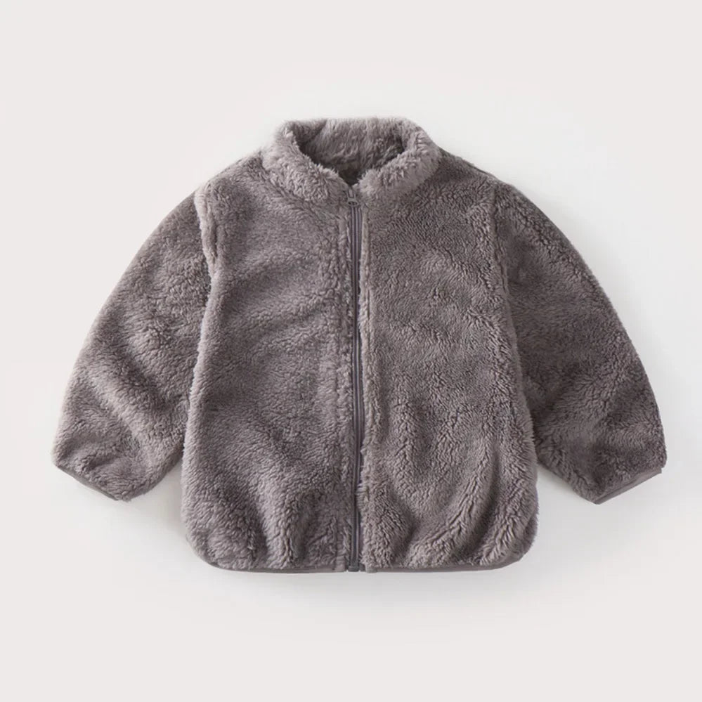 Graue Kinder-Fleecejacke mit Reißverschluss, warm, weich, Wintermode, Unisex.