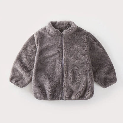 Graue Kinder-Fleecejacke mit Reißverschluss, warm, weich, Wintermode, Unisex.