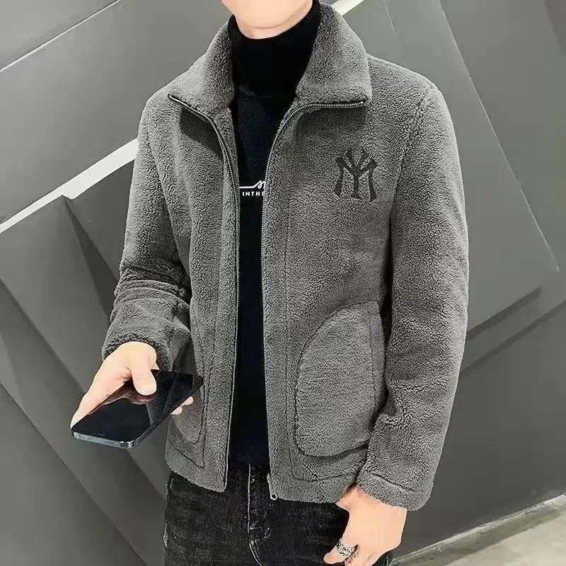 Graue Fleecejacke Herren, Reißverschluss, NY-Logo, Wintermode, warm, lässig, Smartphone.
