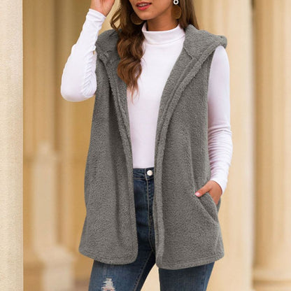 Graue Damen-Fleeceweste mit Kapuze, ärmellos, modisch, warm, ideal für Herbst und Winter.