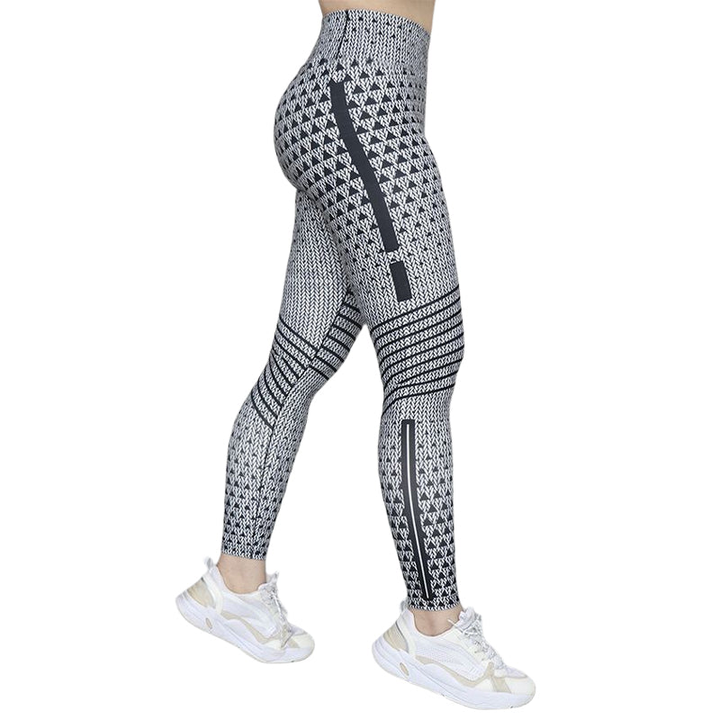 Graue Damen-Leggings mit geometrischem Muster, elastisch, ideal für Sport und Freizeit.