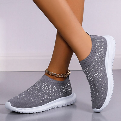Graue Damen-Sneaker mit Strass, rutschfest, atmungsaktiv, bequem, modisch.