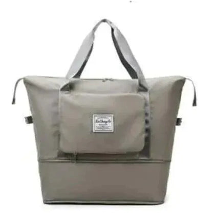 Graue, wasserdichte Reisetasche mit Reißverschluss und Tragegriffen, ideal für Reisen.