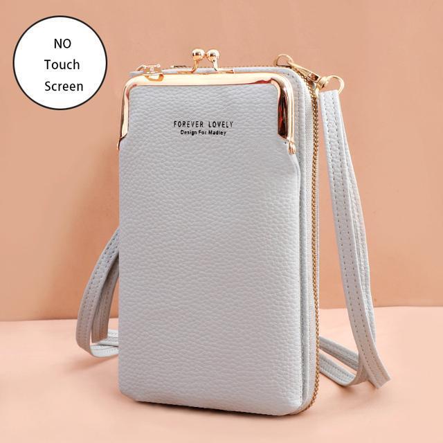 Graue Leder-Handytasche mit Reißverschluss und Trageriemen, stilvolles Design, Damenmode.