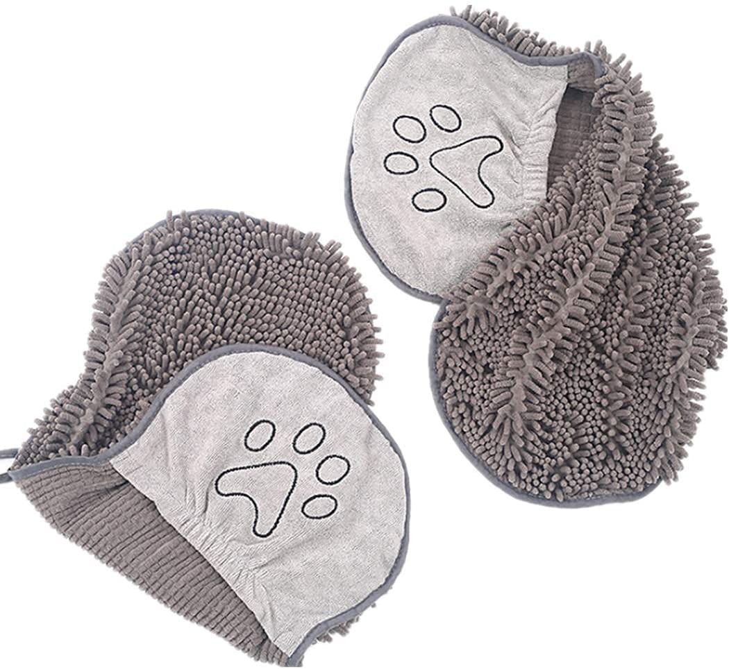 Graue Mikrofaser-Hundehandschuhe mit Pfotenmotiv, ideal zum Trocknen und Reinigen von Haustieren.