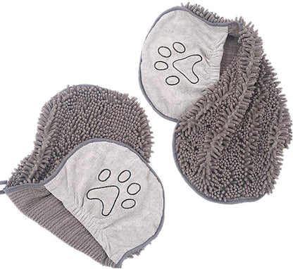Graue Mikrofaser-Hundehandschuhe mit Pfotenmotiv, ideal zum Trocknen und Reinigen von Haustieren.