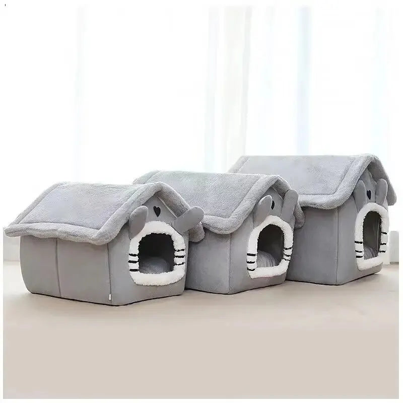 Graue Indoor-Hundehütte, weiches Haustierbett, Zeltform, abnehmbares Kissen, für Katzen geeignet.