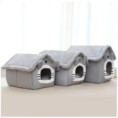 Graue Indoor-Hundehütte, weiches Haustierbett, Zeltform, abnehmbares Kissen, für Katzen geeignet.