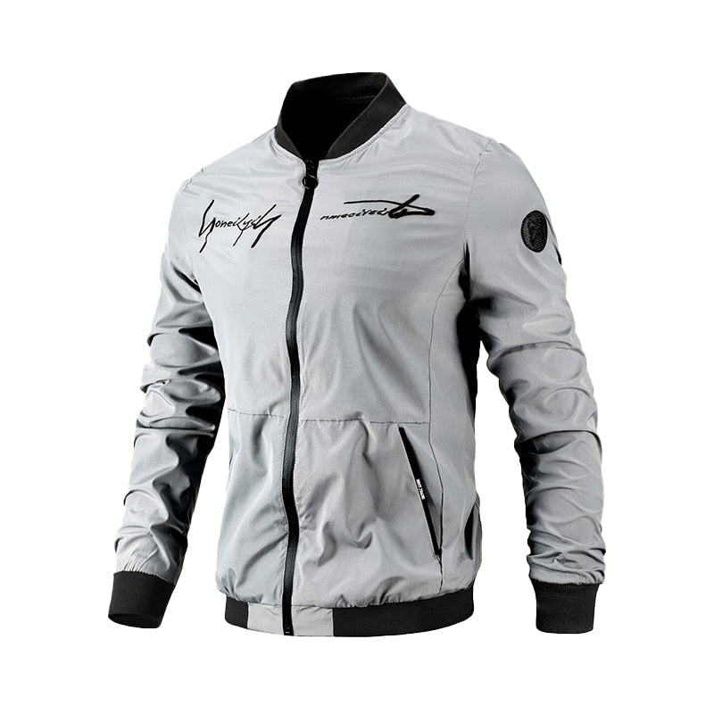 Graue Herren-Bomberjacke, Reißverschluss, schwarzer Kragen, sportlich, modisch, leicht.