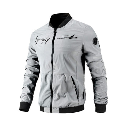 Graue Herren-Bomberjacke, Reißverschluss, schwarzer Kragen, sportlich, modisch, leicht.
