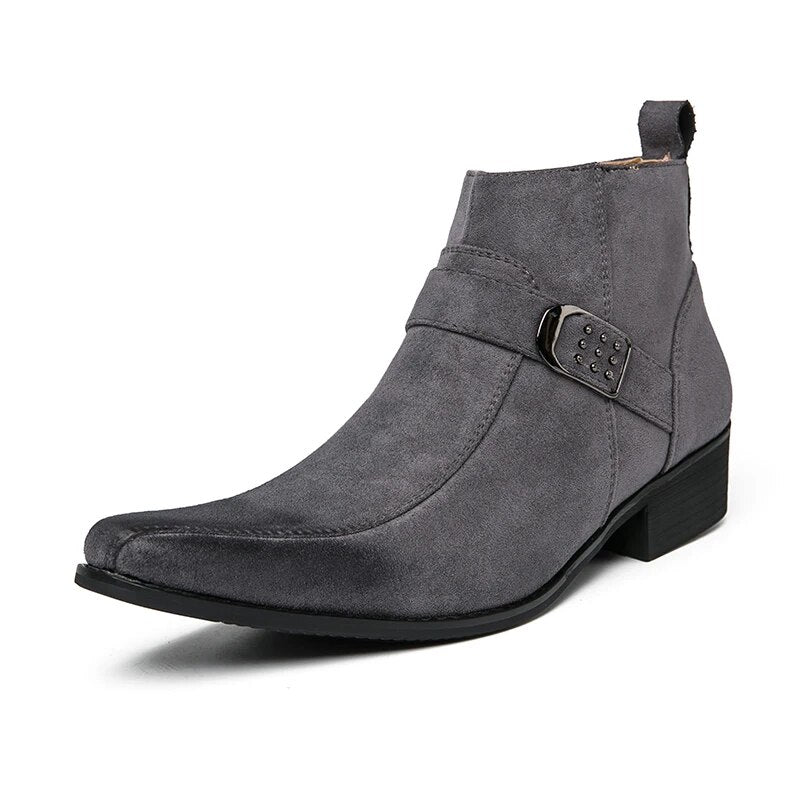 Graue Herrenstiefeletten, Wildleder, Retro-Design, Schnalle, Herbstmode, Motorradstiefel.