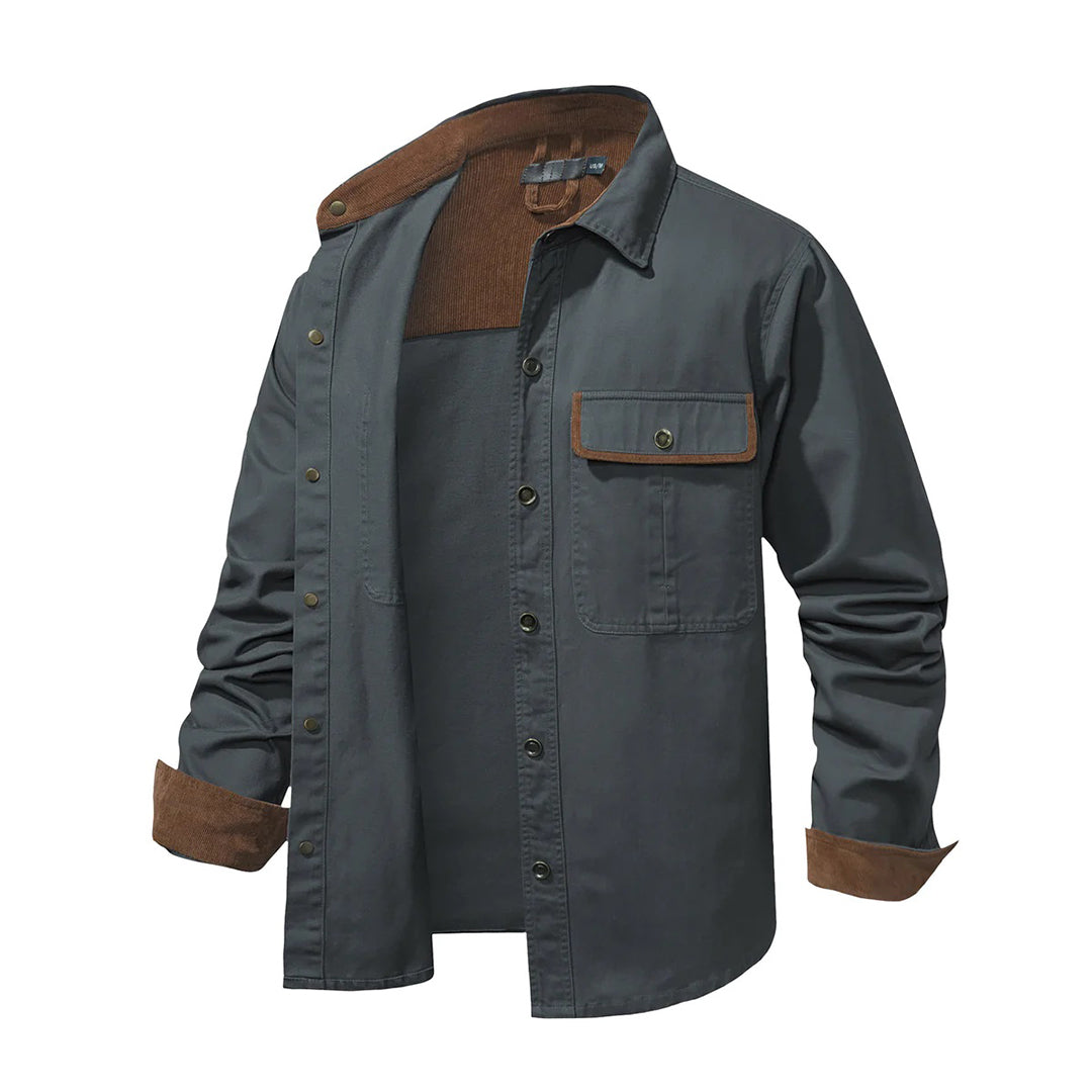 Graue Herrenjacke aus Baumwolle mit braunen Details, Knopfleiste, Brusttasche.