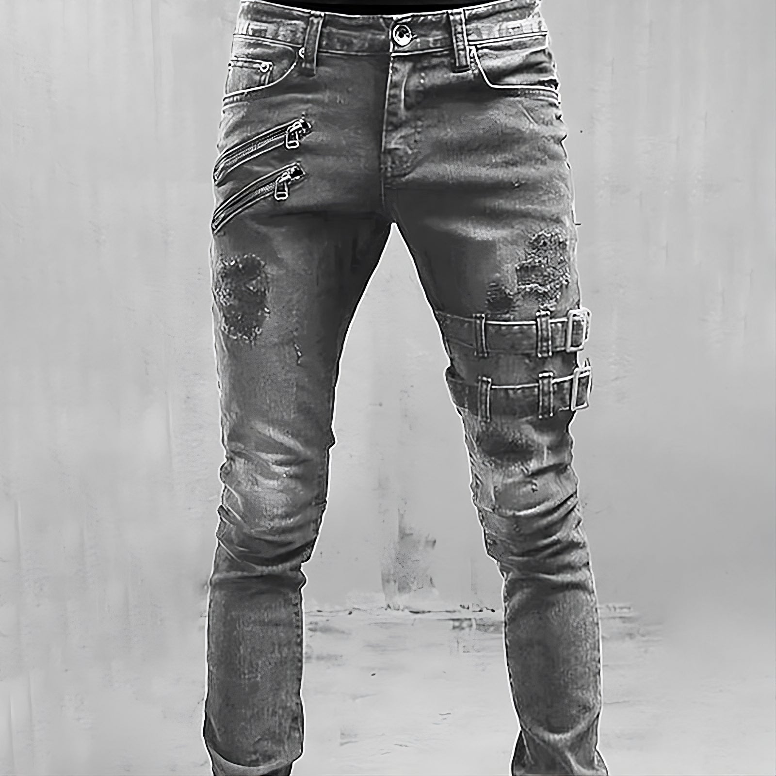 Graue Jeans mit Reißverschlüssen und Schnallen, modisch, urbaner Stil, Herrenmode.