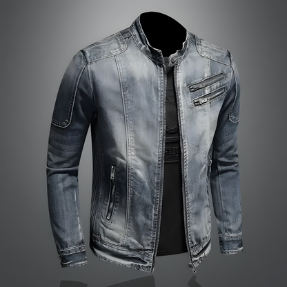 Graue Herren-Jeansjacke, Reißverschlüsse, lässiger Stil, modische Oberbekleidung, Denim-Look