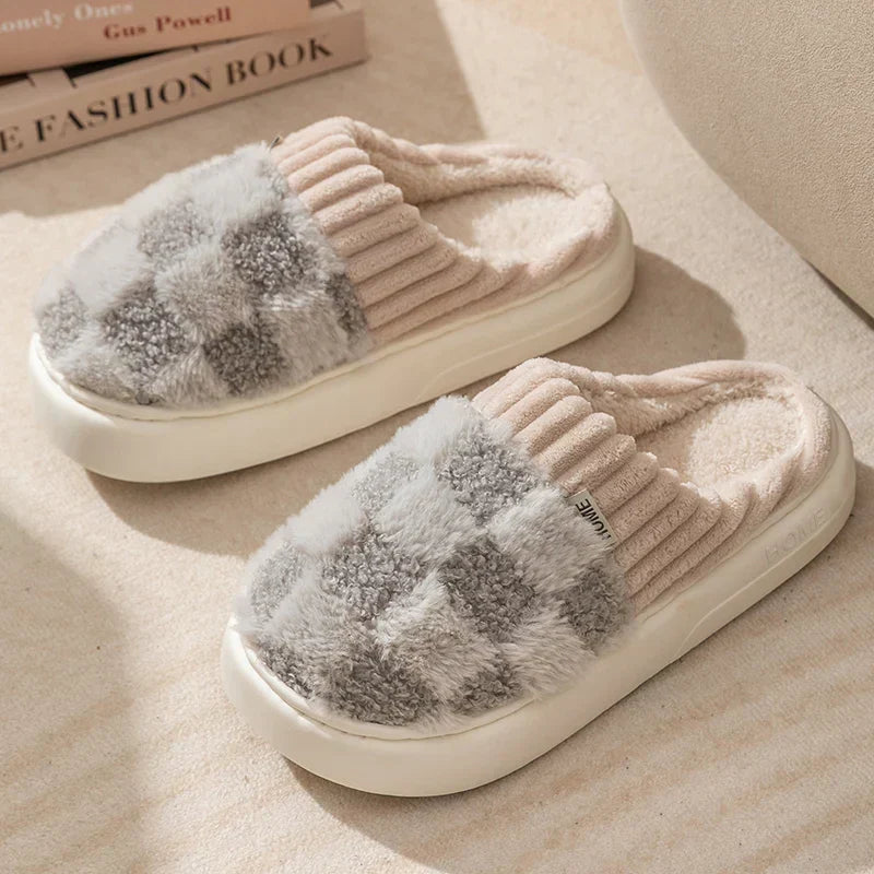 Graue karierte Baumwollhausschuhe, dicke weiche Sohle, unisex, warm, indoor.