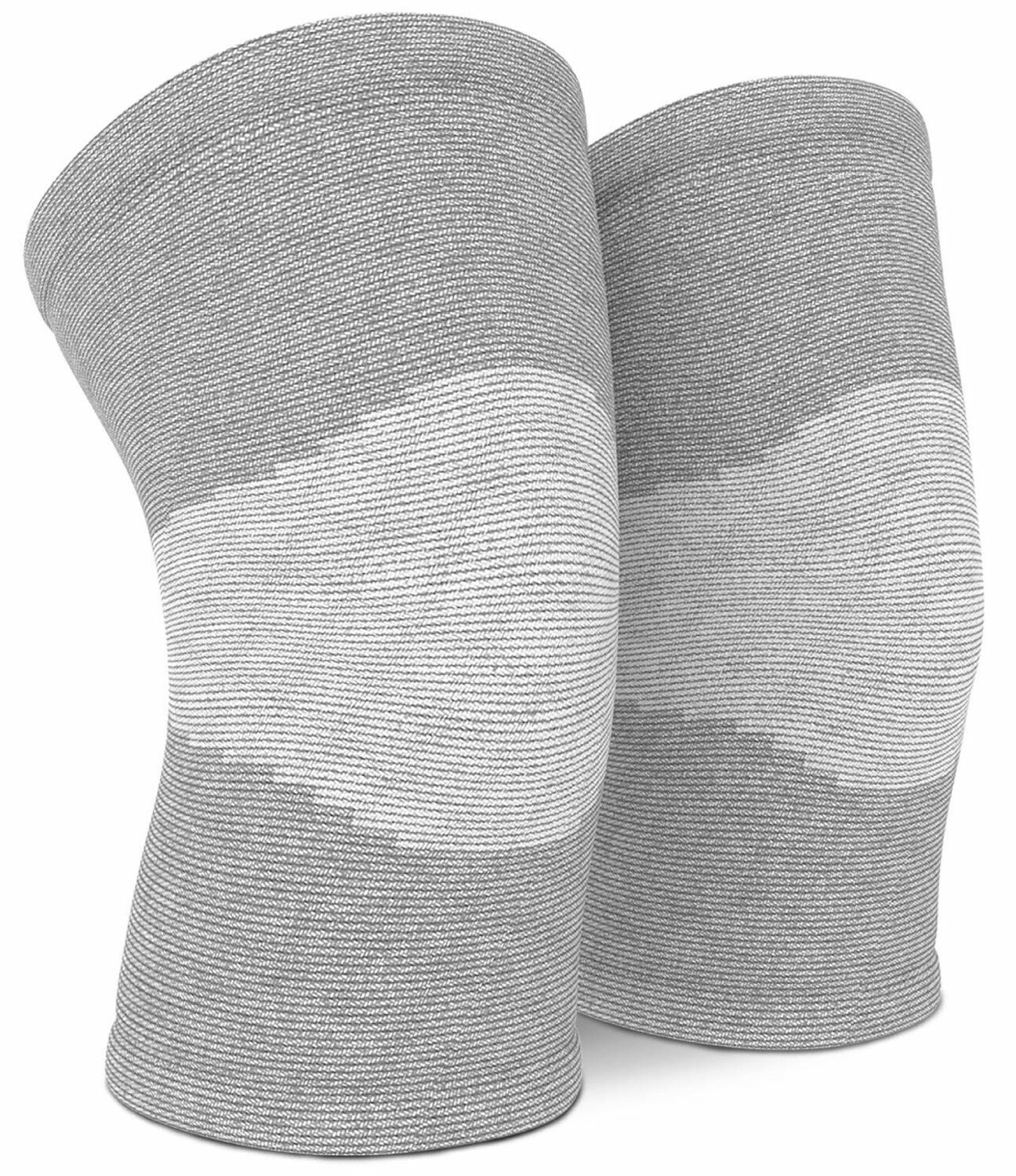 Graue Kniebandagen aus elastischem Material für Sport und Unterstützung.