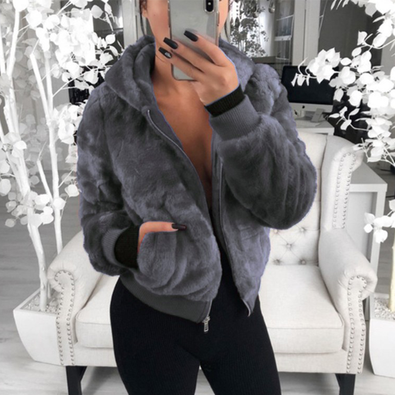 Graue Kunstpelzjacke Damen, Reißverschluss, Kapuze, modisch, warm, Winterbekleidung.
