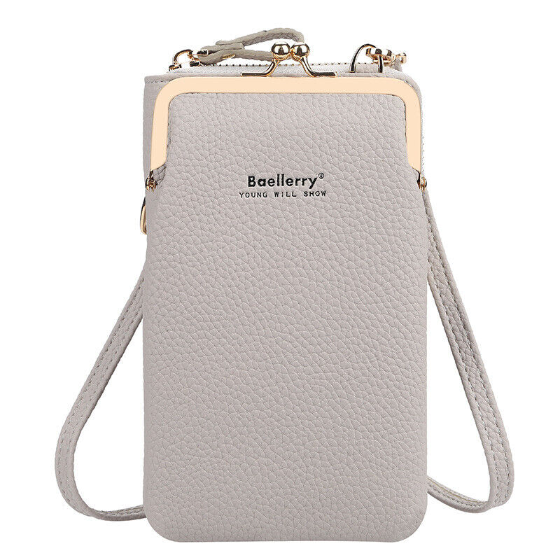 Graue Baellerry Handytasche aus Leder mit Schulterriemen, modisch und praktisch für Damen.
