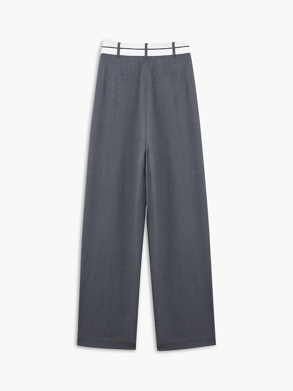 Graue Damenhose aus Leinen, weites Bein, weißer Bund, eleganter Look, Sommermode.