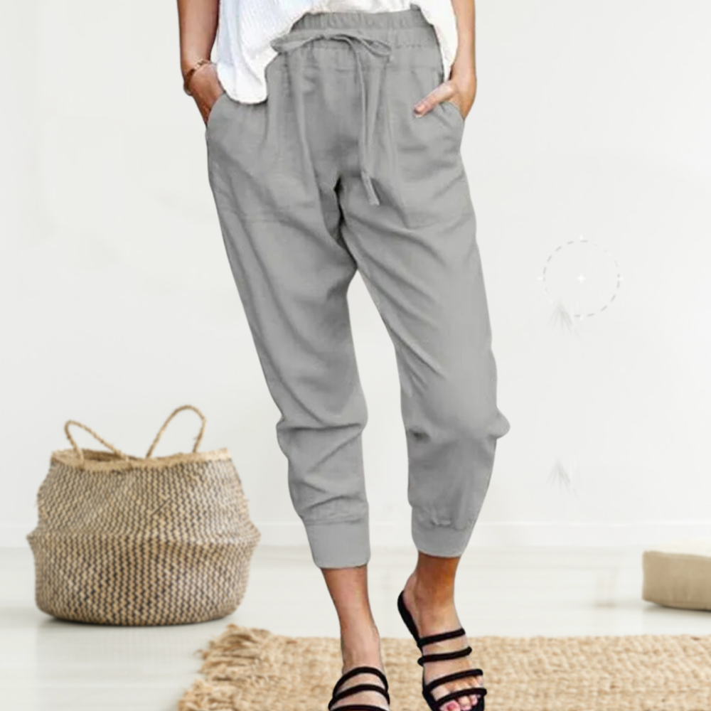 Graue Leinenhose Damen, lässig, elastischer Bund, Sommermode, bequem, stilvoll.