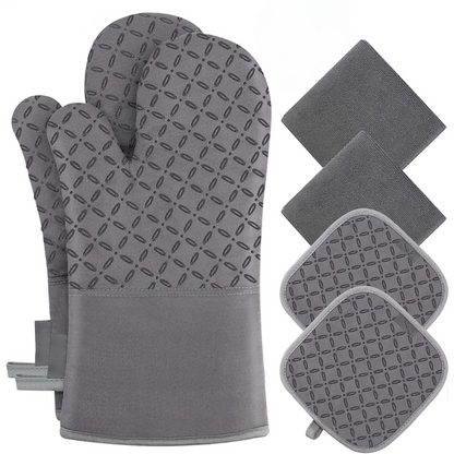 Graue Ofenhandschuhe und Topflappen-Set, hitzebeständig, rutschfest, Küche Zubehör.