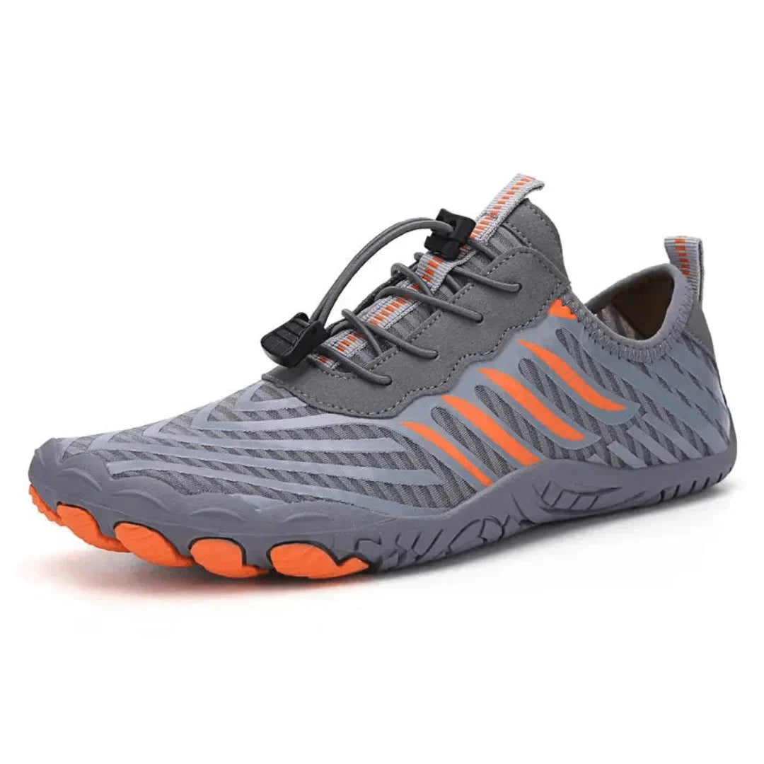 Grauer und orangefarbener Barfußschuh für Herren, atmungsaktiv, rutschfest, Outdoor-Sport.
