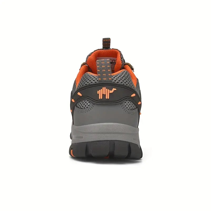 Grauer und orangefarbener Wanderschuh, atmungsaktiv, rutschfeste Sohle, Outdoor-Sport.