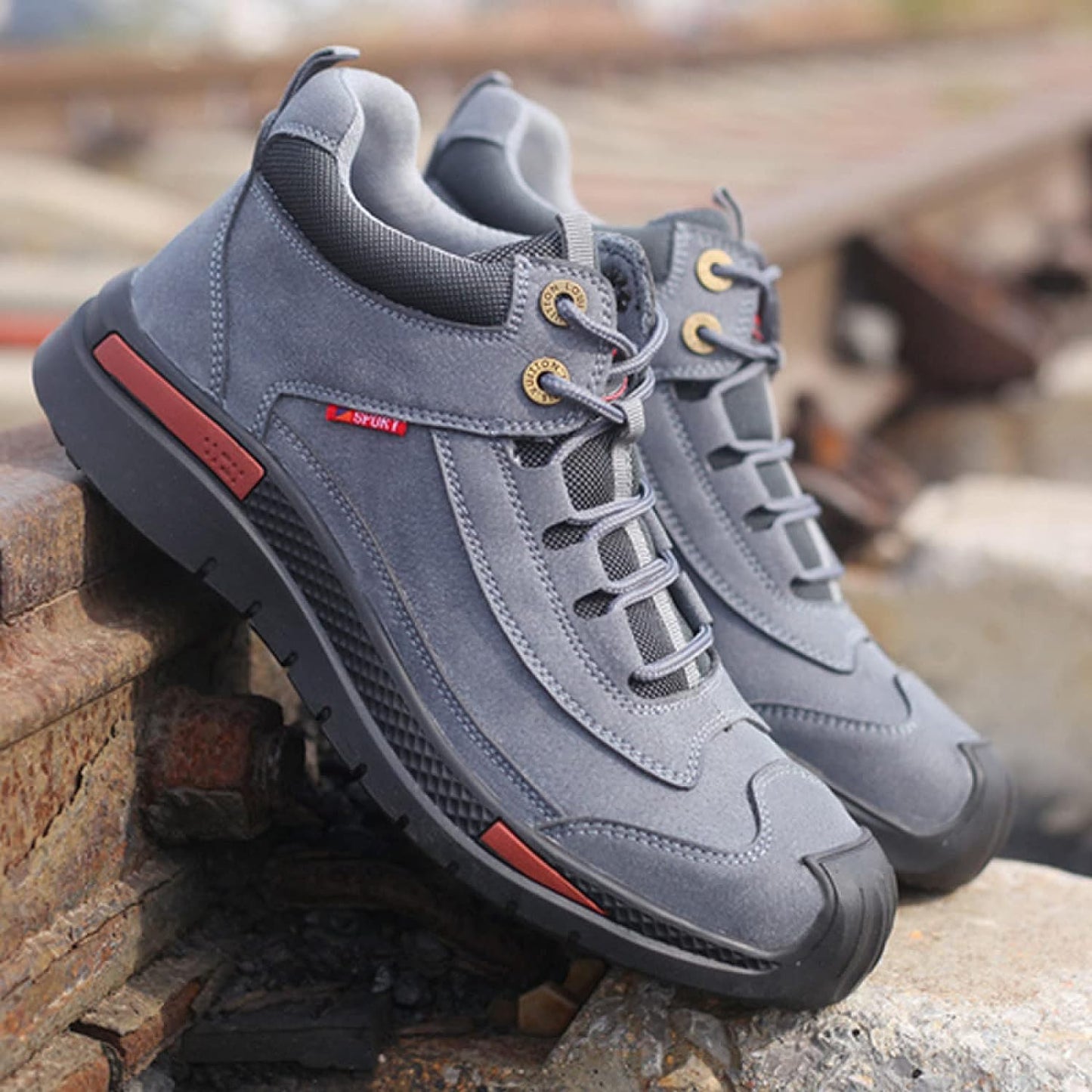 Graue Wanderschuhe Herren, rutschfest, robust, Outdoor, Leder, Schnürung, bequem.