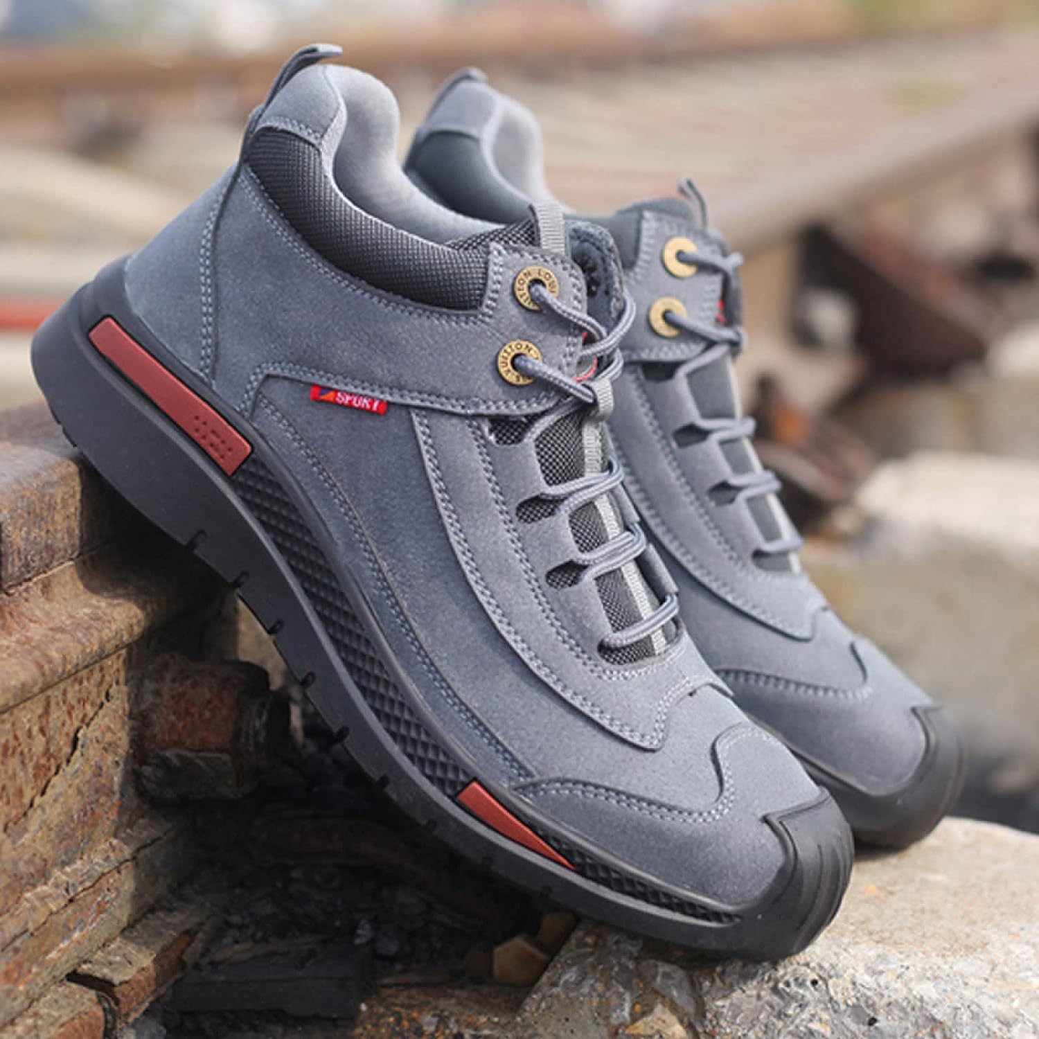 Graue Wanderschuhe Herren, rutschfest, robust, Outdoor, Leder, Schnürung, bequem.