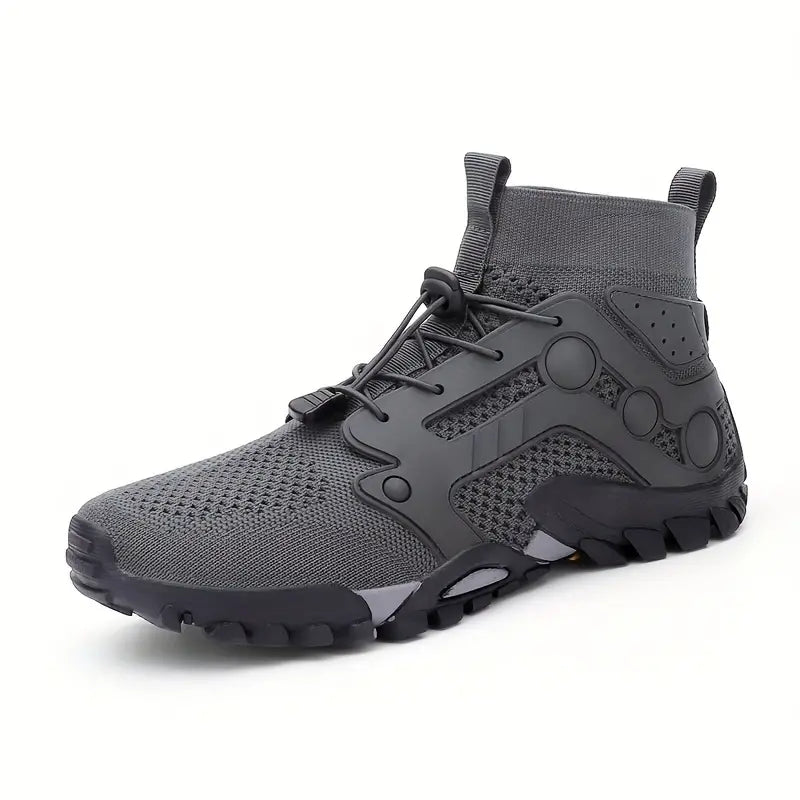 Grauer Wanderschuh, atmungsaktiv, rutschfest, für Outdoor-Aktivitäten, Herren, robustes Design.
