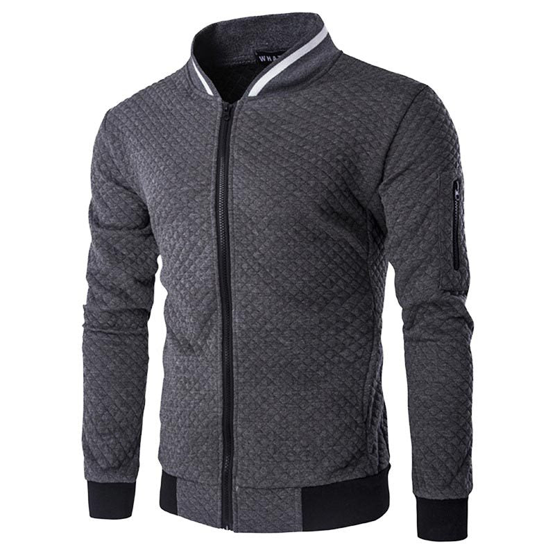 Graue Herren-Steppjacke, Reißverschluss, Stehkragen, Slim Fit, lange Ärmel, Freizeitmode.