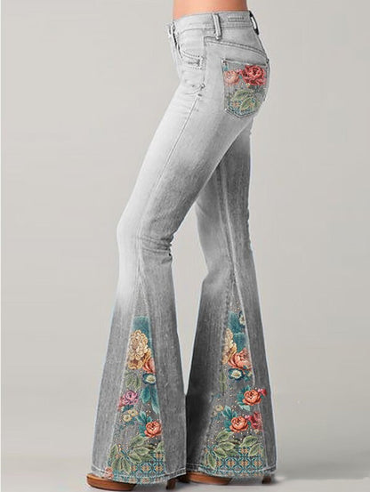 Graue Schlaghose Damen mit floralen Stickereien, Vintage-Design, modische Damenjeans.