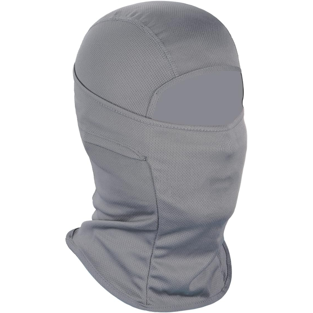 Graue Sturmhaube aus atmungsaktivem Material, ideal für Outdoor-Sportarten und Kälteschutz.