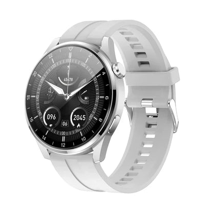 Silberne Smartwatch mit rundem Zifferblatt, weißem Armband, Fitness-Tracker, modernem Design.