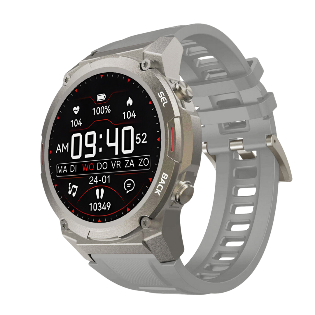 Silberne Smartwatch mit rundem Display, Fitness-Tracking, Herzfrequenzmesser, graues Armband.
