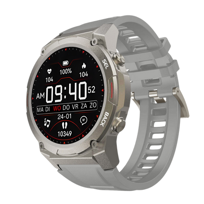 Silberne Smartwatch mit rundem Display, Fitness-Tracking, Herzfrequenzmesser, graues Armband.