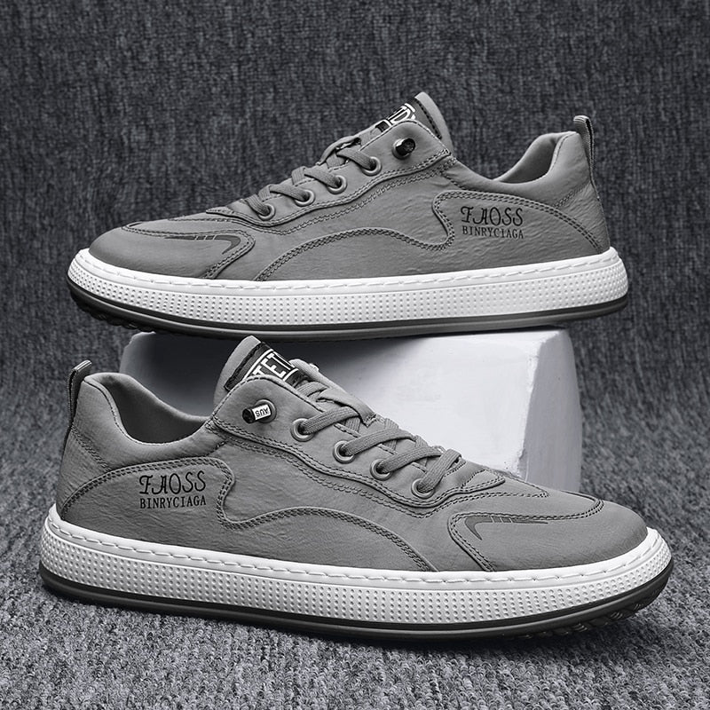 Graue Herren-Sneaker, Leder, sportlich, rutschfest, modisch, bequem, Freizeit, Schuhe.
