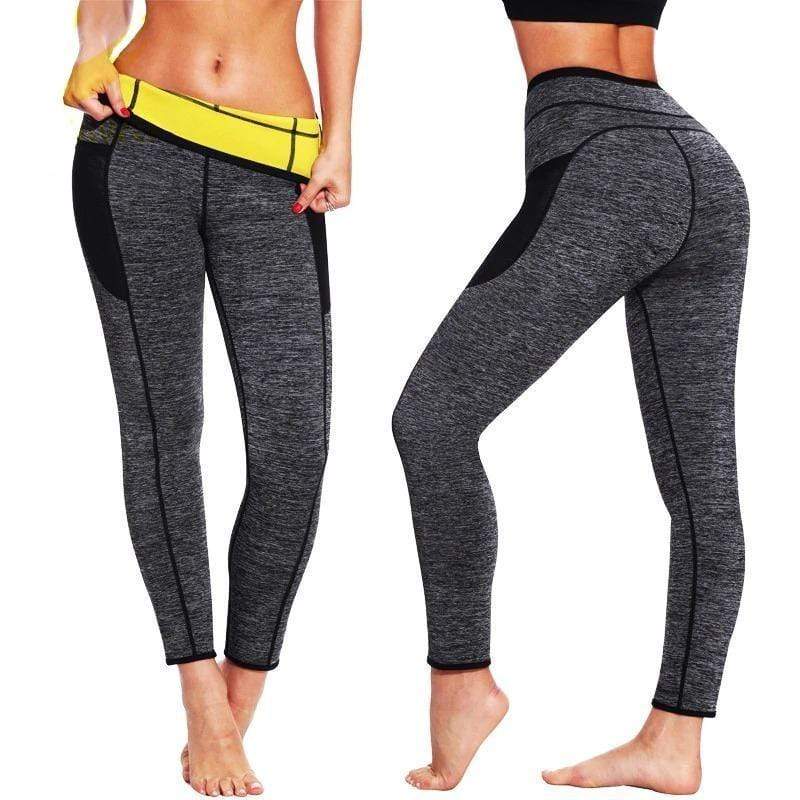 Graue Damen-Leggings mit gelbem Bund, Fitnessbekleidung, figurbetont, elastisch.