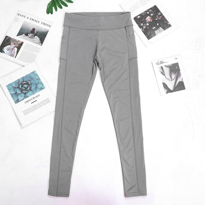 Graue Damen-Leggings mit Taschen, Sportbekleidung, elastisch, bequem, Fitnessmode.