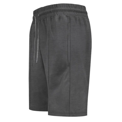Graue Herren-Shorts, elastischer Bund, Kordelzug, seitliche Taschen, sportlich, bequem.